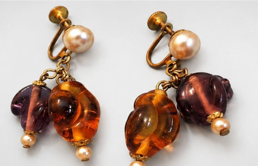 Vintage Orange & Purple Dangle Earrings 2" Faux Pearls Long Screw Back‎ srb-